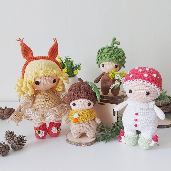 4 in 1: Crochet amigurumi patterns - Doll with squirrel hairband, Acorn, chestnut and Magic mushroom- Fall crochet pattern -PDF file