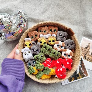 Pode incluir: Uma cesta tecida cheia de vários bichinhos de crochê feitos à mão. Os bichinhos incluem animais, cogumelos e vegetais em uma variedade de cores, incluindo marrom, cinza, verde, amarelo e vermelho. A cesta está em uma superfície texturizada.