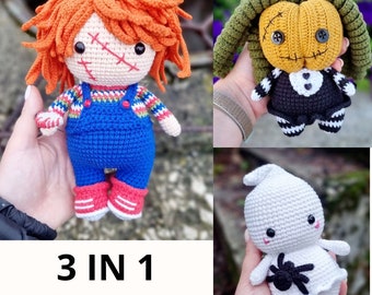 Modèle amigurumi fantôme au crochet - Décor d’Halloween au crochet - Poupée d’Halloween mignonne - Amigurumi chucky et citrouille PATTERN 3 IN 1