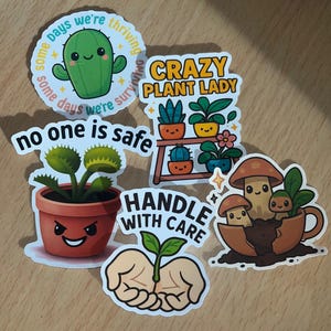 Lot d'autocollants mignons pour amoureux des plantes | 5 autocollants en vinyle mat | Décalcomanies esthétiques pour le jardinage et la nature | Journal, Hydroflask, Stickers pour ordinateur portable