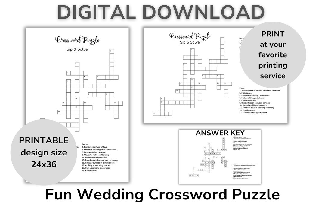 Large Weddingthemed Crossword Puzzle, Sip & Solve Shower Game, Wedding