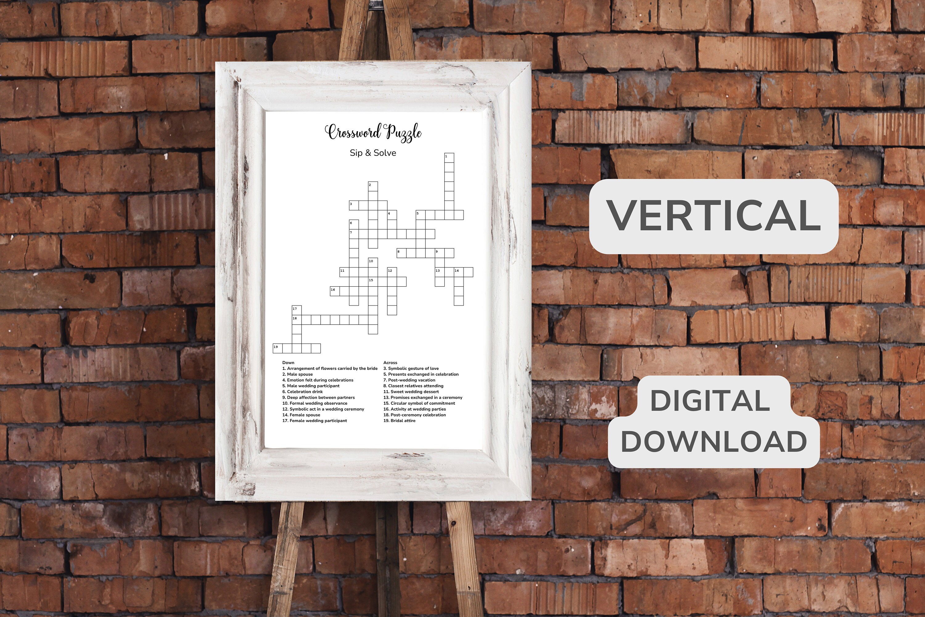 Large Weddingthemed Crossword Puzzle, Sip & Solve Shower Game, Wedding