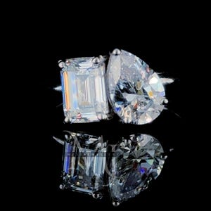 Pear and Emerald Cut Two-Tone Toi et Moi Ring | Moissanite Two-Stone Engagement Ring | Unique Bridal Jewelry | Anniversary Gift for Her
