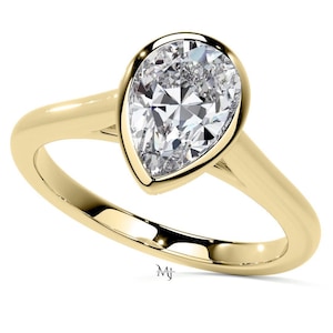 Bezel Setting Pear Cut Bridal Ring, Solitaire Moissanite Diamond Ring, 14K Yellow Gold Unique Ring, Popular Gift Ideas For Her Meli Ring