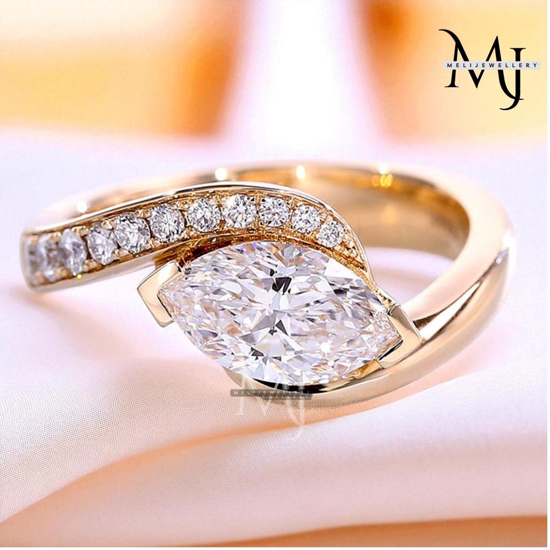 Marquise Cut Lab Grown Diamond Curved Ring, CVD Diamond Solitaire Ring ...