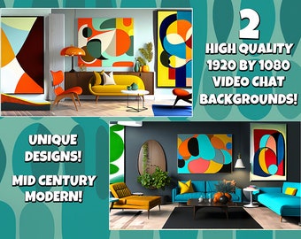 Mid Century Modern zoom video chat background, retro living room, digital download