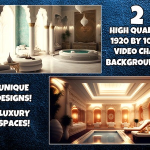 May include: Two high-quality 1920 by 1080 video chat backgrounds featuring luxurious, ornate interiors with a spa-like atmosphere. One background shows a large hot tub and the other shows a swimming pool.