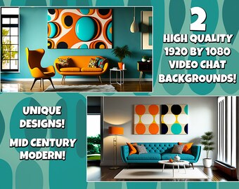 Mid Century Modern zoom video chat background, retro atomic age living room, digital download