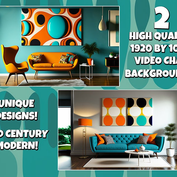 Mid Century Modern zoom video chat background, retro atomic age living room, digital download