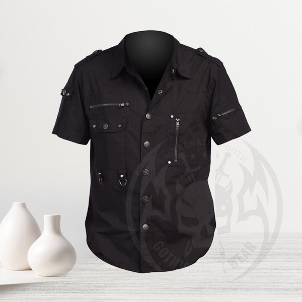 Chemise gothique pour homme Chemise à manches courtes avec fermetures éclair Chemise gothique de style fait main Veste à la mode