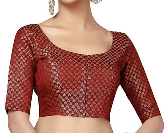 Women's Brocade Elbow Sleeves Brown ready made Saree Blouse.