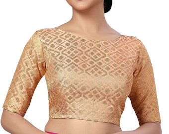 Women's Polyester Solid Half Sleeves peach ready made Saree Blouse.