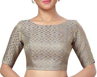 Women's Polyester Solid Half Sleeves Gray ready made Saree Blouse,Indian blouse, Sari Blouse, Ethnic Choli, Traditional Saree Blouse