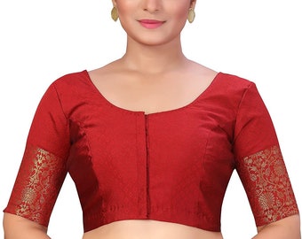 Bridal Maroon Brocade Saree Blouse with Kanjivaram Border Round Neck Elbow Sleeve Blouse Readymade Sari Choli