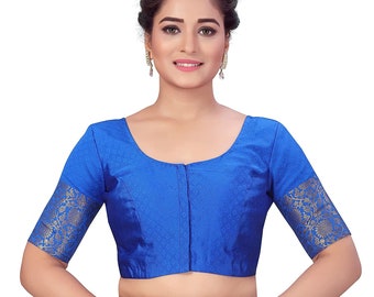 Women's Brocade Half Sleeves royal blue ready made Saree Blouse.