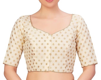 Women's Polyester Elbow Length Banarasi off white ready made Saree Blouse.