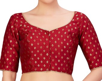 Women's Polyester Elbow Length Banarasi ready made Saree Blouse