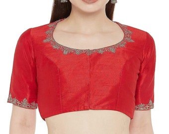 Designer Red Halter matka Neck Saree blouse Readymade Bridesmaids Women Wear Poly Silk Sari Choli