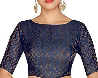 Navy Blue Saree Blouse Boatneck Blouse Readymade Bride Designer Saree Women Brocade Blouse Choli Indian Wedding Wear