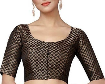 Women's Brocade Elbow Sleeves black ready made Saree Blouse.