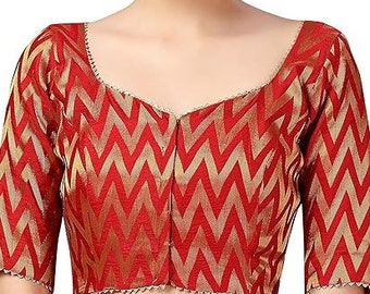 Women's Readymade Wave Design Banaras Brocade Saree Blouse with Elbow Length Sleeves