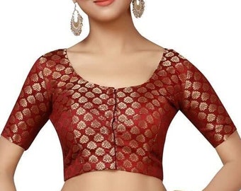 Designer Maroon Chanderi Silk Elbow Saree Blouse, Indian blouse, Sari Blouse, Ethnic Choli, Traditional Saree Blouse, Readymade Blouse