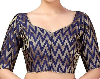 Women's Readymade Wave Design Banaras Brocade Saree Blouse with Elbow Length Sleeves