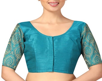 Ready made Sky Blue saree blouse/Womens Elbow Length Sleeves Silky Saree Blouse with Brocade Sleeves