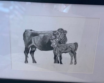 Original Charcoal Drawing Cow and Calf - Black and White