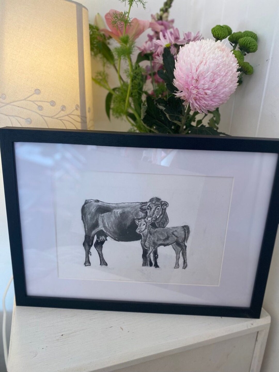 Original Charcoal Drawing Cow and Calf Black and White Etsy