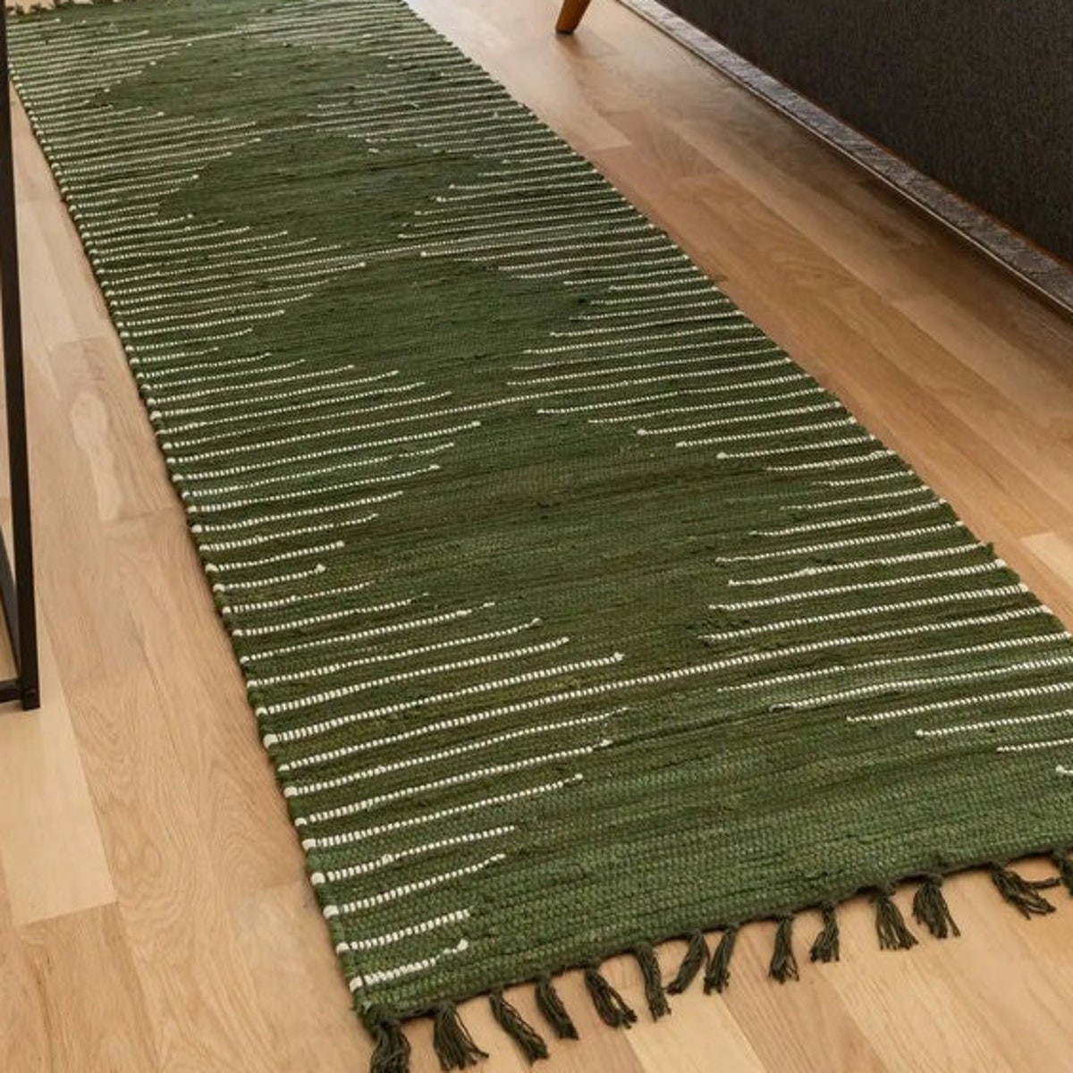 Handwoven Cotton Rug, Kilim Rug Runner, 2.6x7 Feet, Green