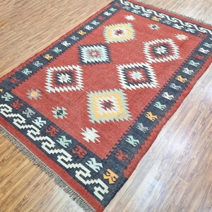Handmade Wool Jute Rug, Handwoven Maroon Kilim Rug, Large Area Rug for Living Room, Bedroom, Dining Room, Entryway Rug, Custom Size Rug
