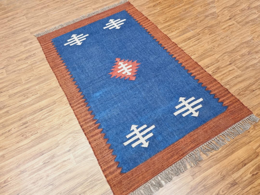 Handwoven Wool Jute Kilim Rug, Rust and Blue Geometric Rug - Etsy
