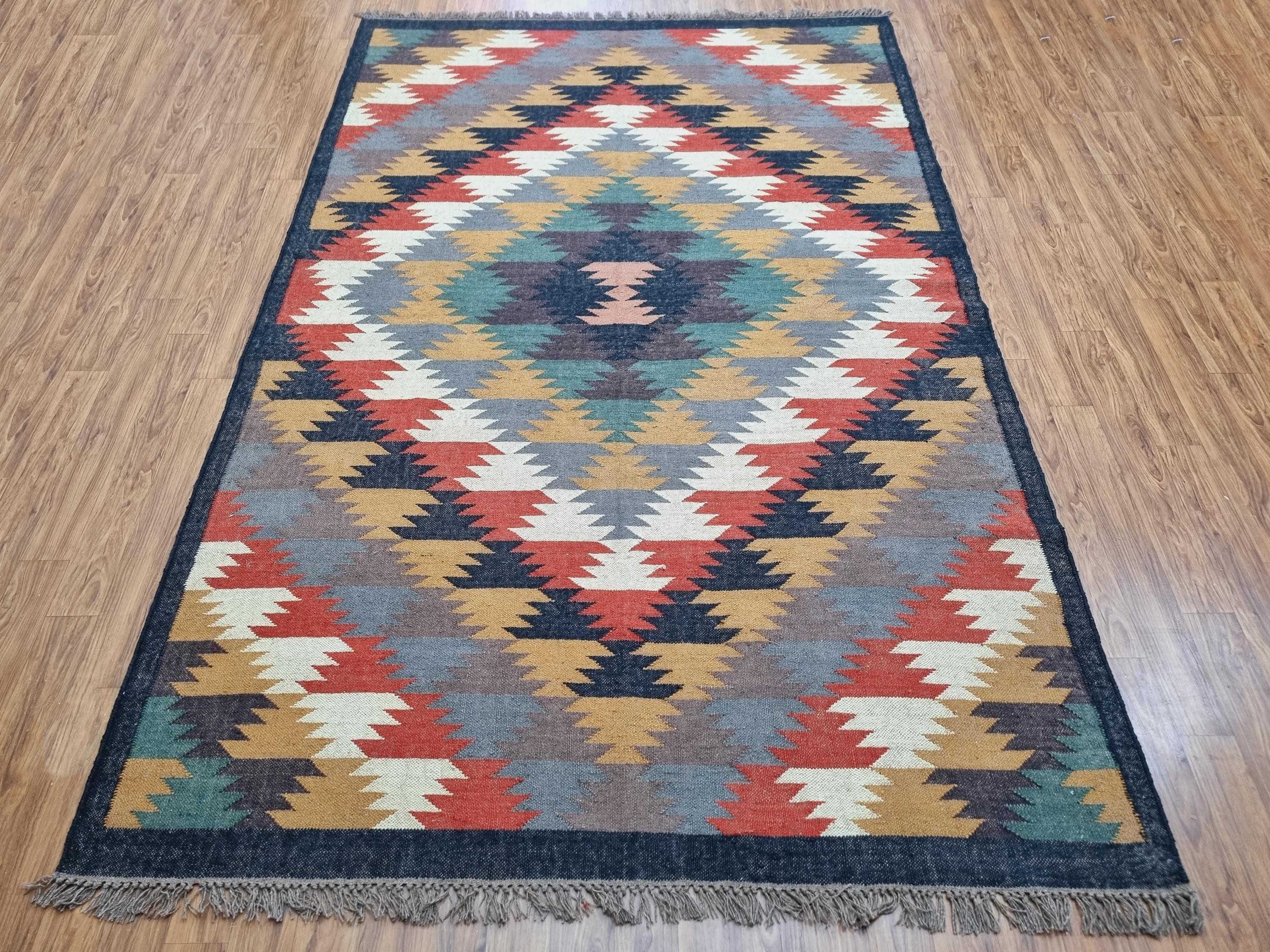 Southwestern Tribal Area Rug, Reversible Wool Jute Floor Covering ...