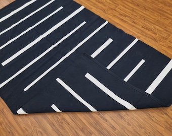 Striped Cotton Rug, Black White Kilim Rug, Handmade Runner Rug, Entryway Hallway Living Room Bedroom Rug