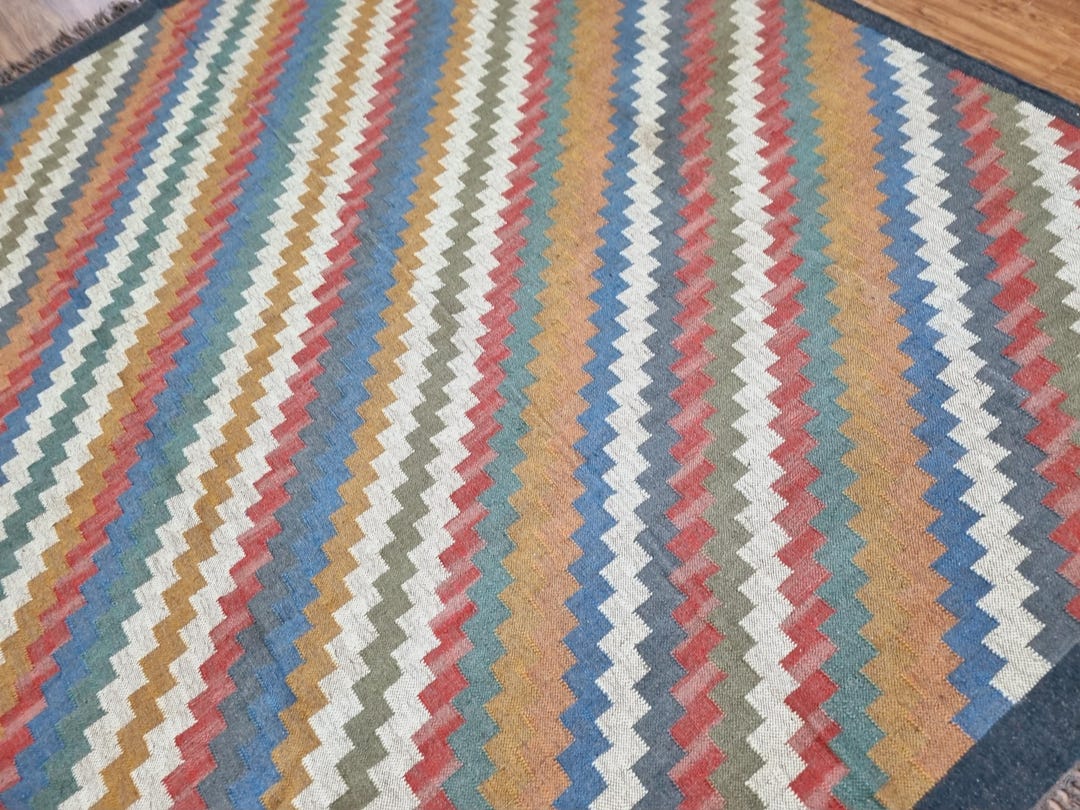 Handmade Wool Jute Rug, Bohemian Colorful Stripes Rug, Handwoven Kilim ...