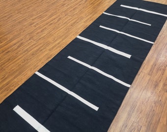 Handwoven Black Striped Kilim Runner Rug | 100% Cotton Entryway Hallway Stairs