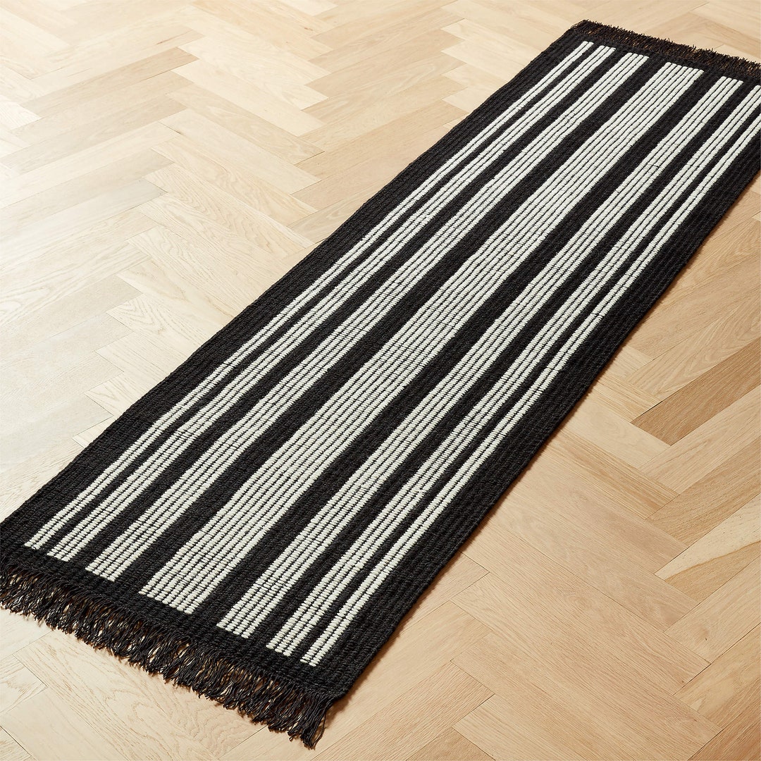 Handwoven Cotton Rug Runner, White Black Cotton Runner Rug, Entryway