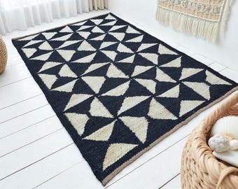 Alfombra de yute blanca y negra, tejida a mano, estilo bohemio, de 20 x 25 cm, de fibra natural, estilo rústico, para sala de estar, tamaño personalizado.