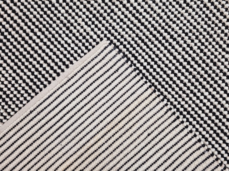 Handwoven Wool Rug Runner, Black White Wool Runner Rug, Entryway