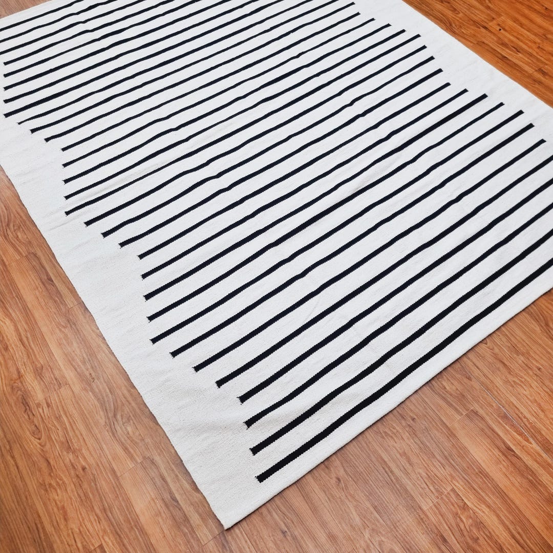 Handmade Cotton Stripes Rug, White Bl...