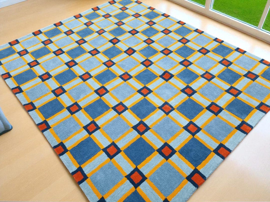 Check Wool Rug Large Modern Handmade Tufted Wool Rug, Blue Checks Design Wool Rug, Large Rug ...