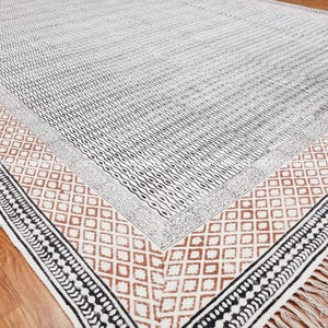 Handwoven Block Print Cotton Rug: Bohemian Flatweave Rug