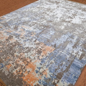 Handgeknoopt wollen zijden vloerkleed: modern abstract ontwerp, 9 x 12 voet