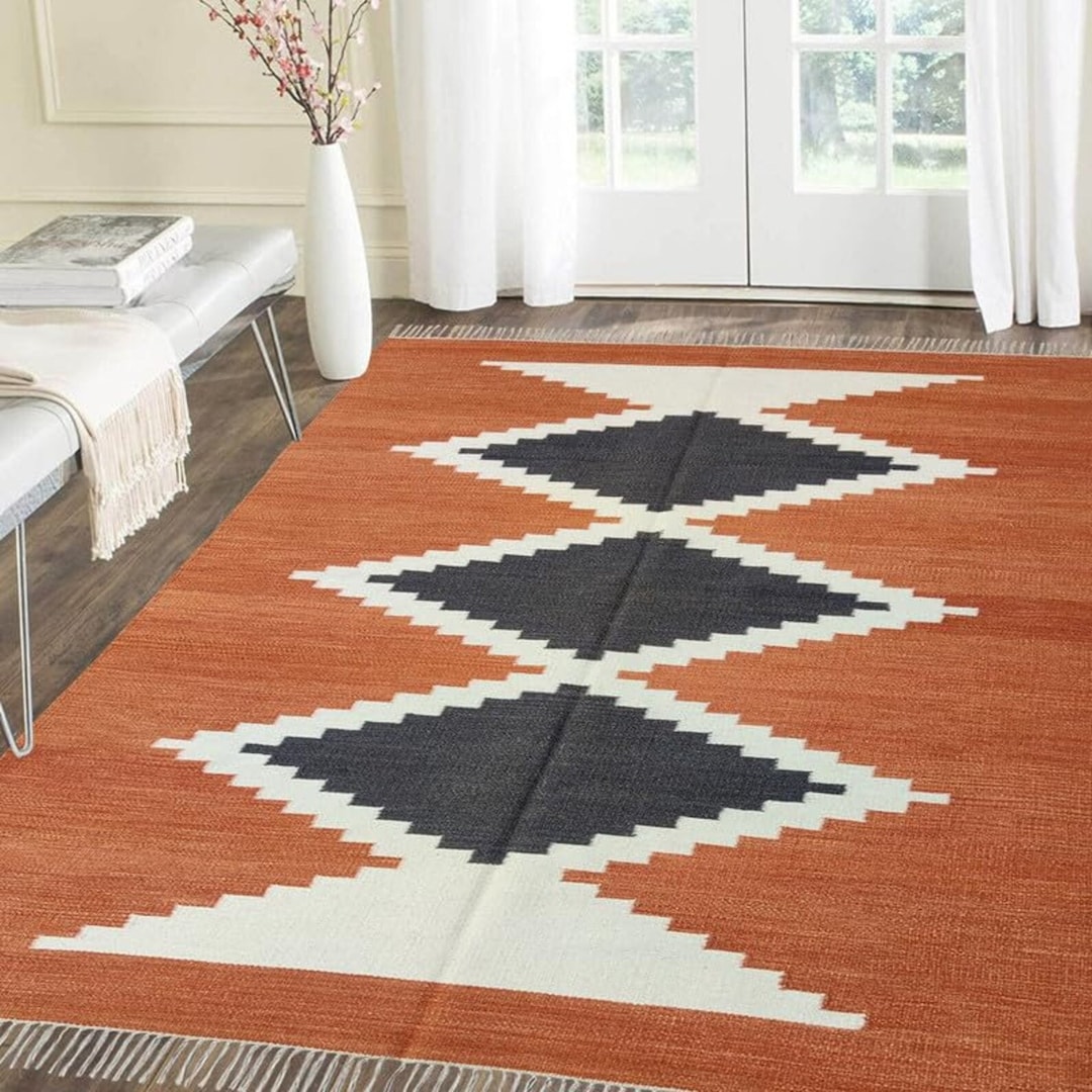 Rust Black Eco Friendly Bohemian Rug, Handwoven Cotton Rugs, Living ...