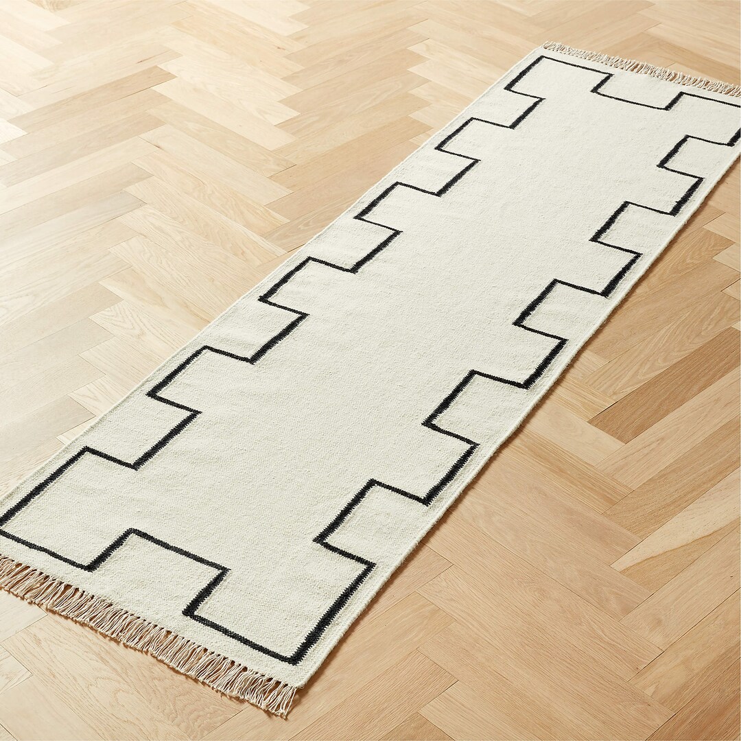 Handwoven Cotton Rug Runner, White Black Cotton Runner Rug, Entryway