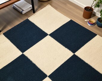 Beige Black Checker Rug, Handwoven Cotton Bedroom Rug, Custom Size Hallway Runner, Contemporary Living Room Floor Rug, Modern Checkerboard