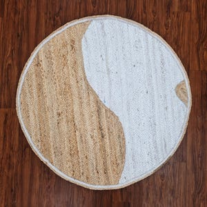 Round Jute Rug | Hand Braided Jute Round Rug | Natural and White Jute Round Rug | Circular Jute Decorative Rug for Living Room Entryway