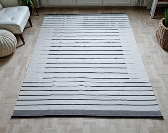 Handgemaakt katoenen kelimtapijt, handgeweven wit gestreept tapijt, woonkamer, eetkamer, slaapkamer, kinderkamertapijt, aangepast formaat tapijt beschikbaar
