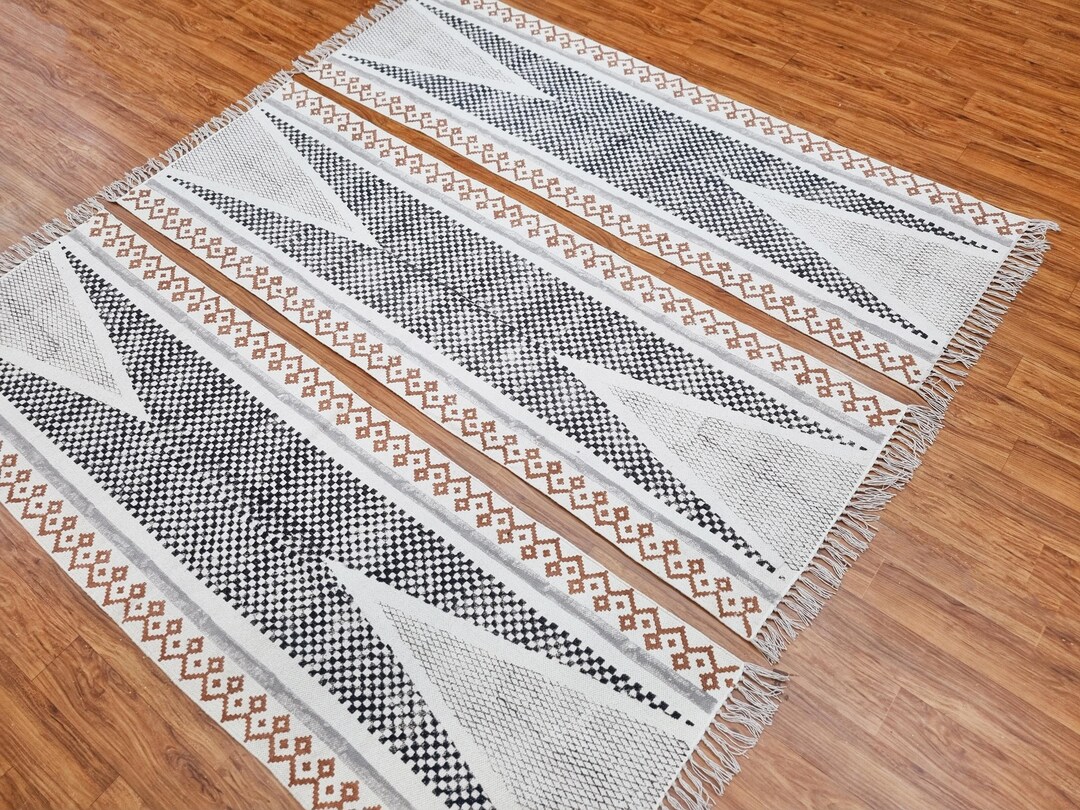 Hand Block Print Cotton Runner Rug, Black White Entryway, Hallway ...